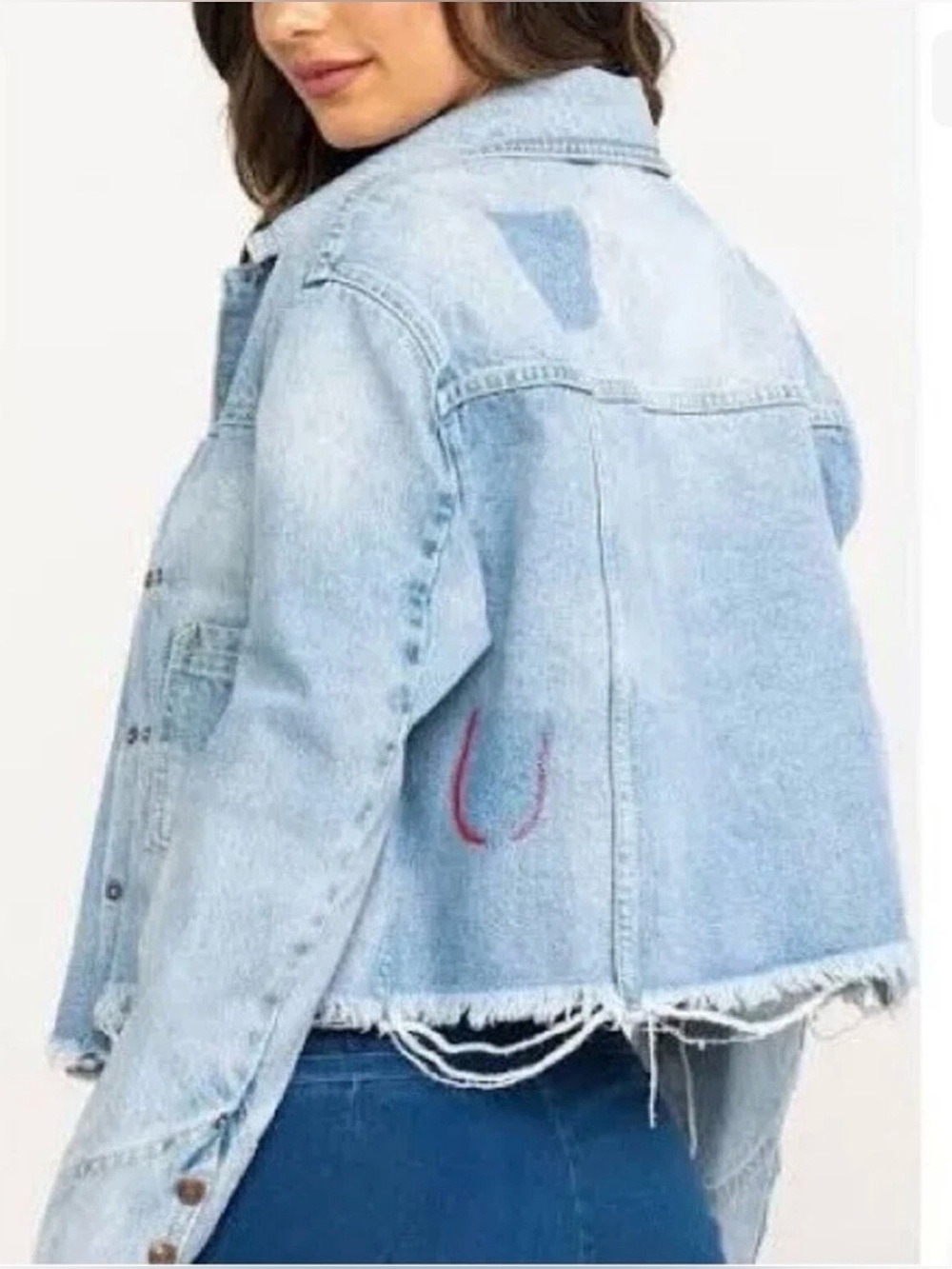 Free People-Light Wash Distressed Denim Jacket - Chic Cropped Style - Picture 5 of 16